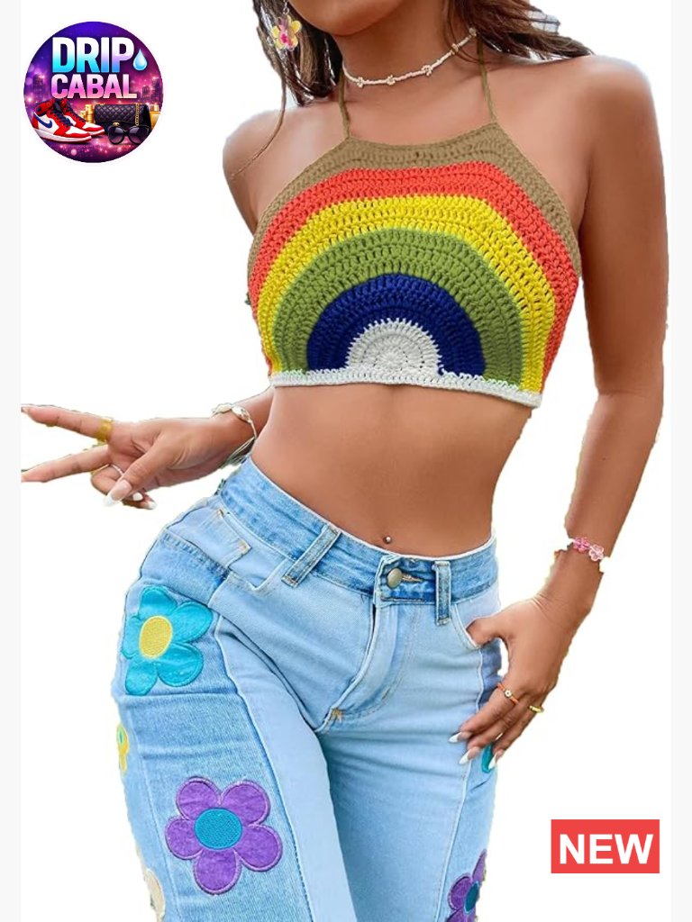 Backless Rainbow Striped Halter Tie Back Knit Crop Top Sleeveless